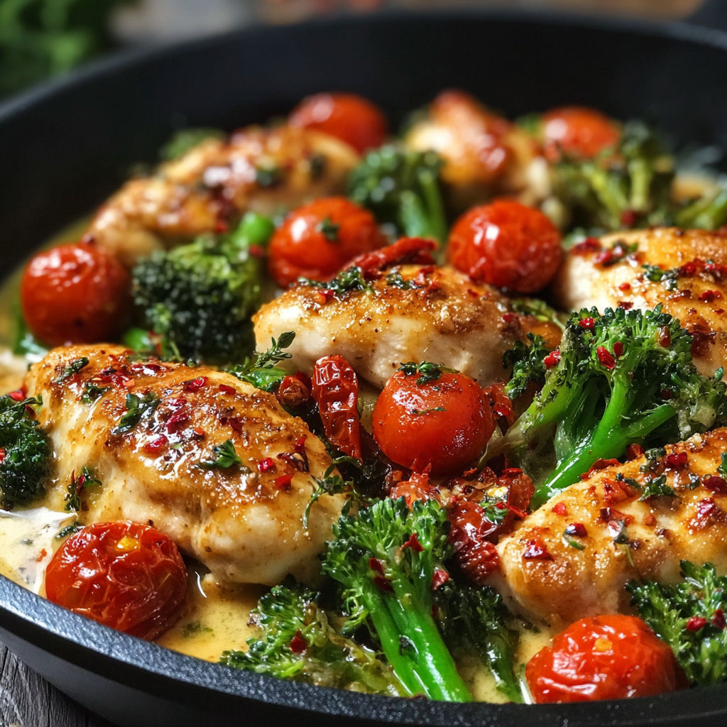 A pan of food with broccoli and tomatoes.