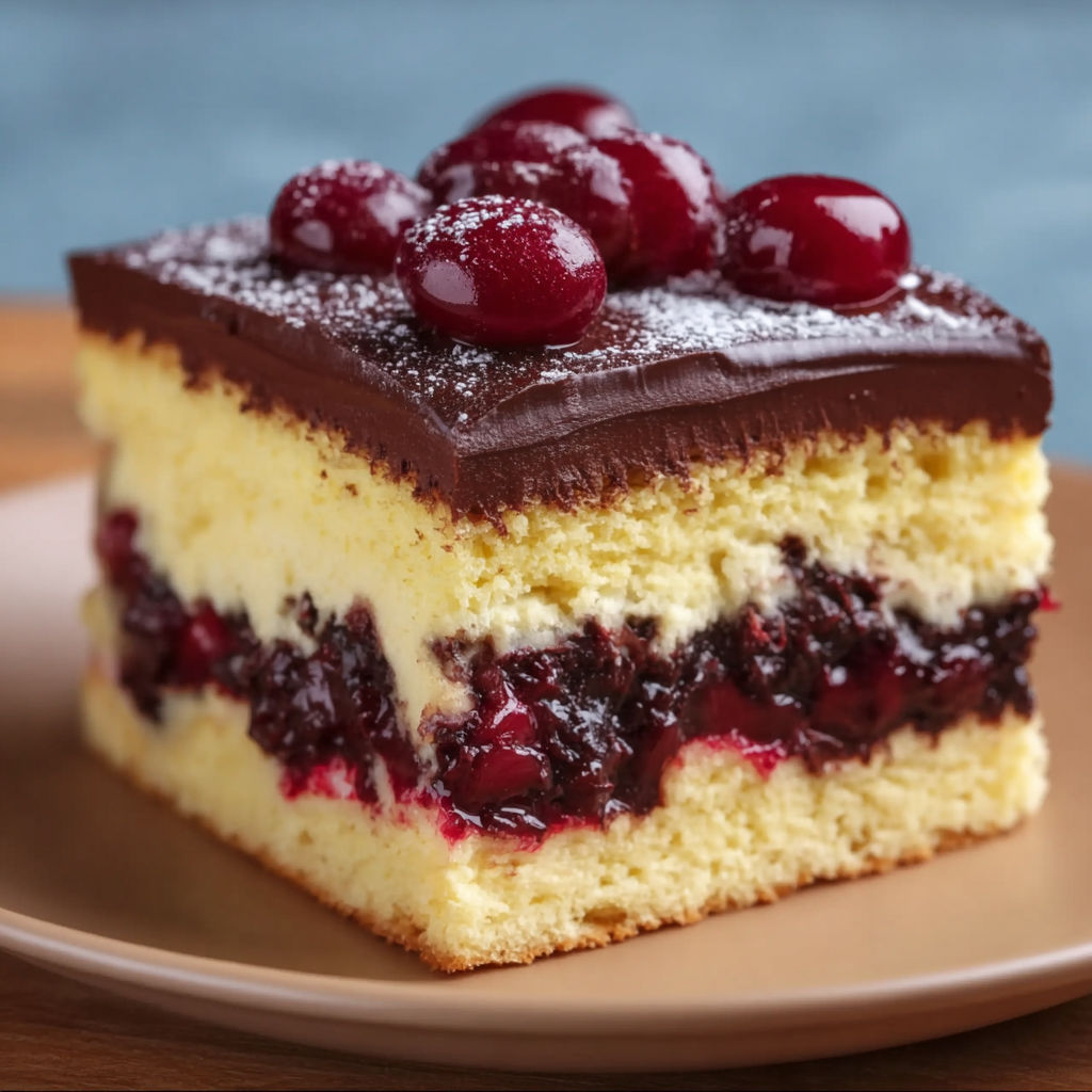 A slice of chocolate cake with cherries on top.