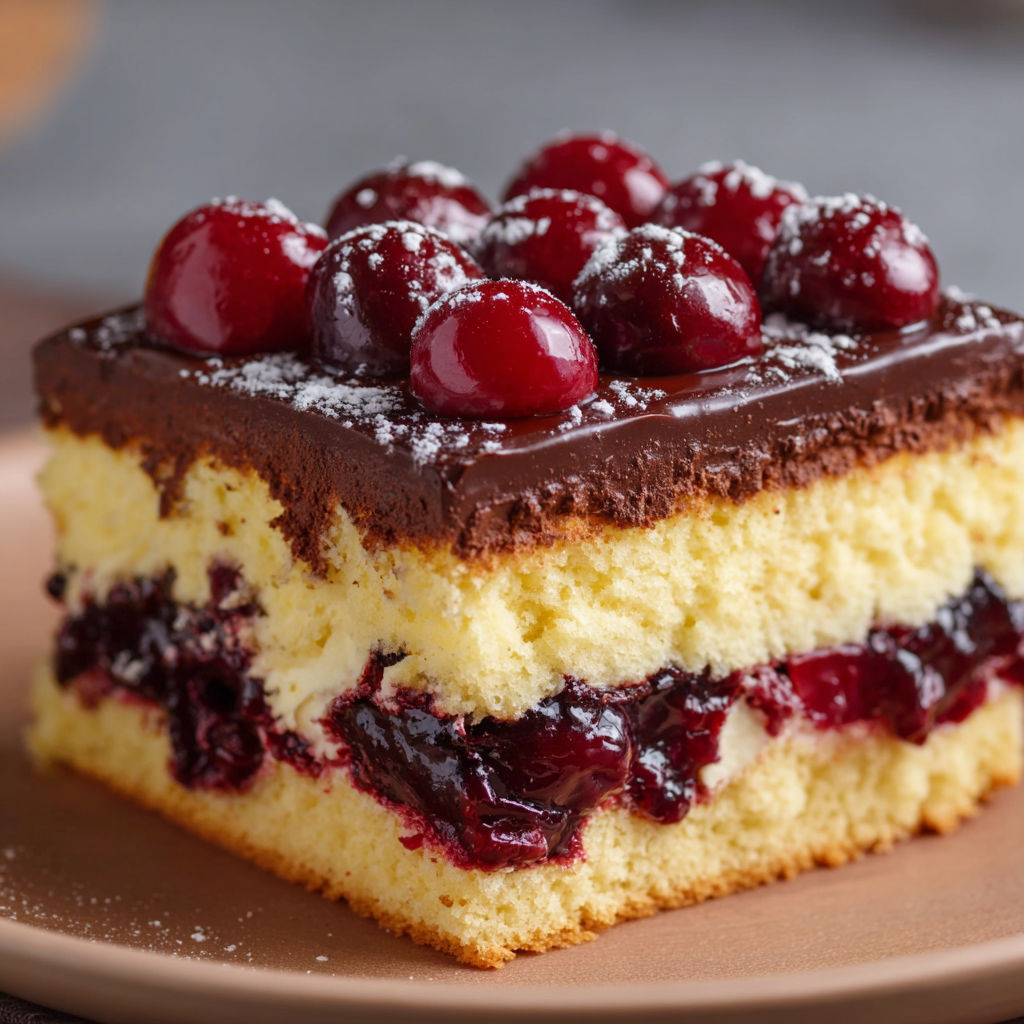 A slice of chocolate cake with cherries on top.