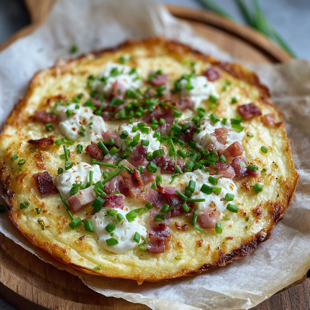 A low carb flammkuchen with cheese and bacon.