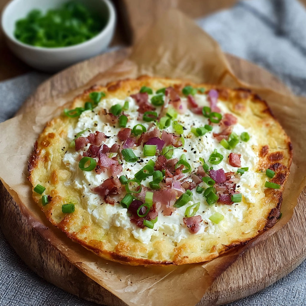 A pizza with green peppers and onions on top.