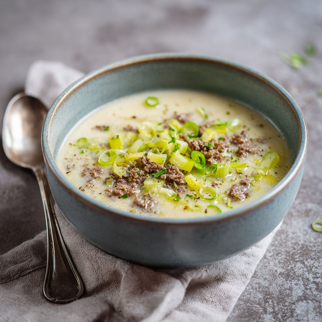 A bowl of soup with green onions and meat.