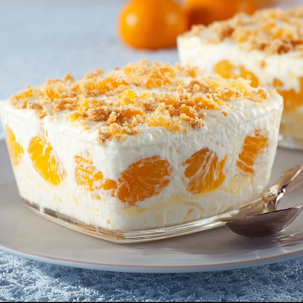 A slice of mandarin orange cake on a plate.