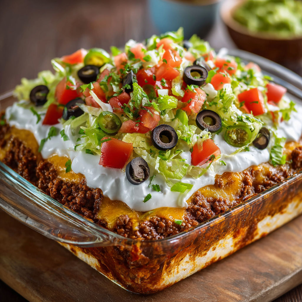 A dish of taco dip with lettuce and tomatoes.