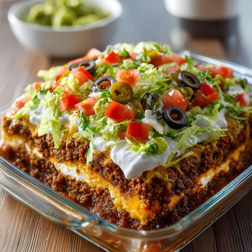A taco dip casserole with lettuce, tomatoes, olives, and cheese.