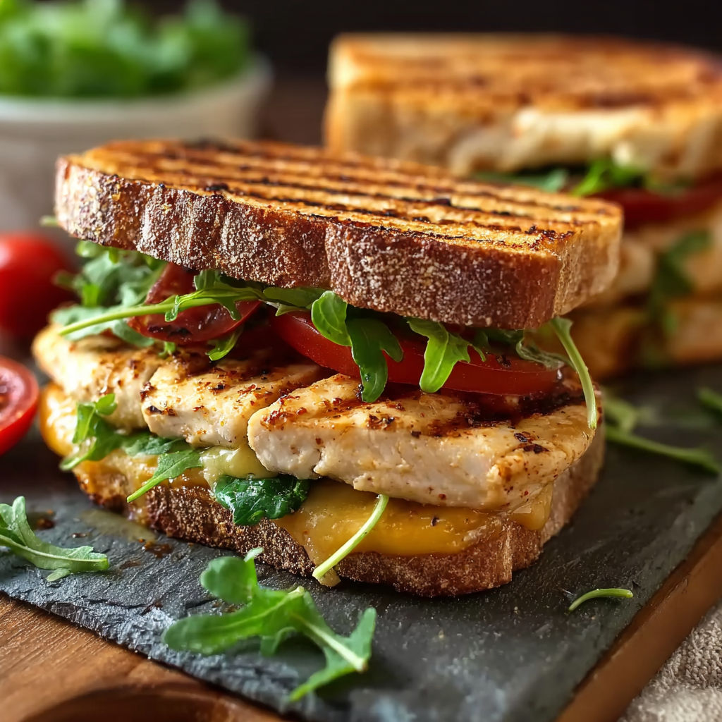A grilled chicken sandwich with lettuce and tomato.