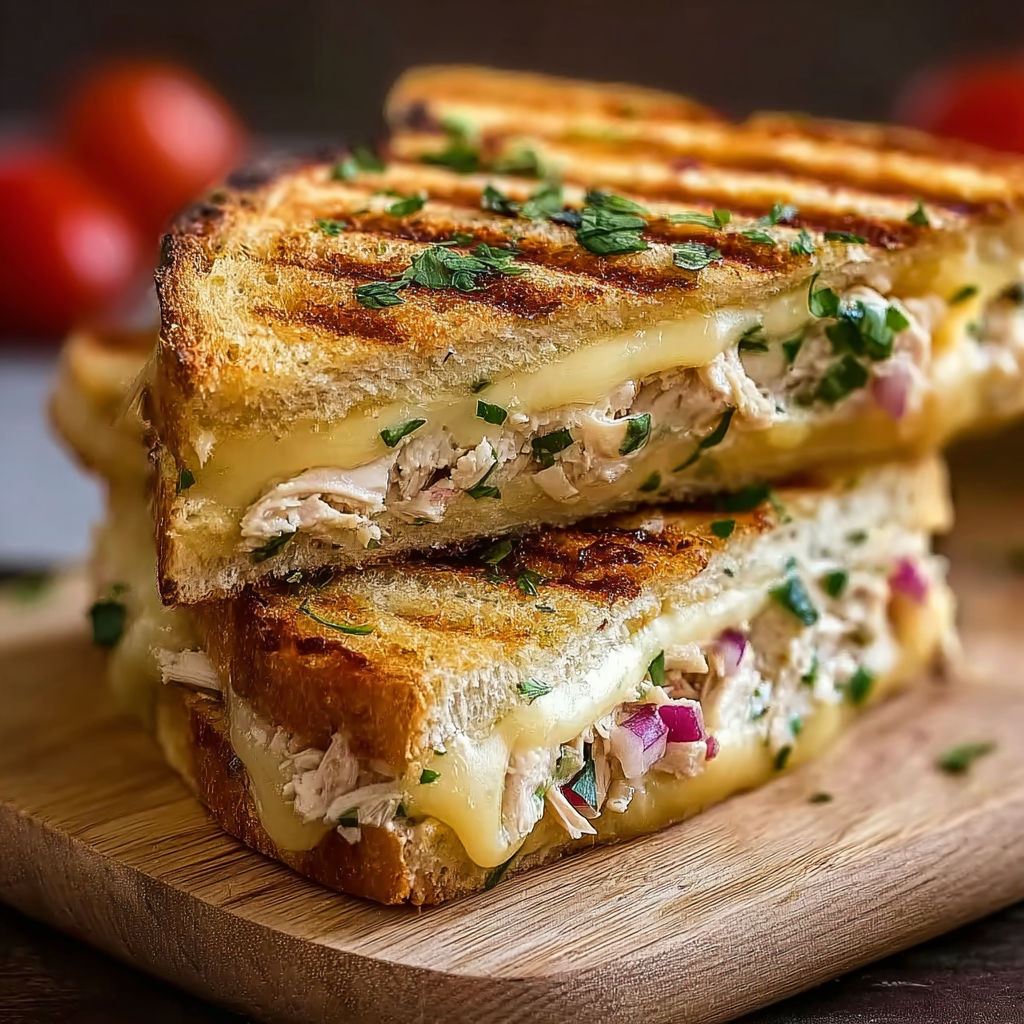 A sandwich with chicken and cheese on a wooden cutting board.