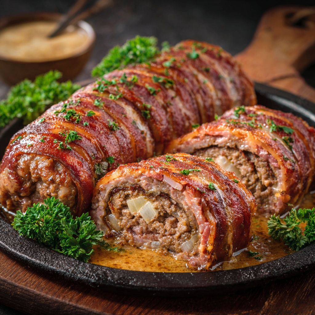 A plate of meat with onions and herbs.
