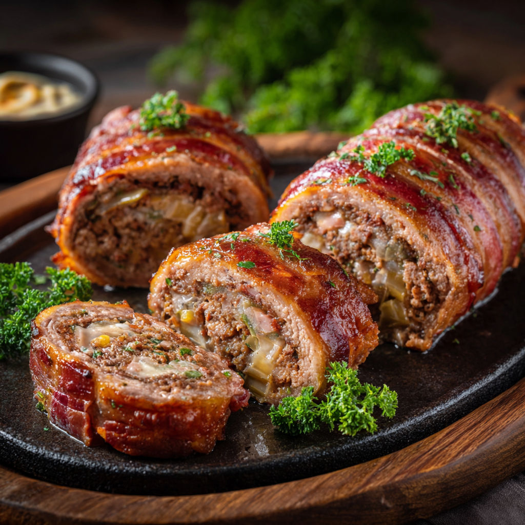 A plate of meat with a green garnish.