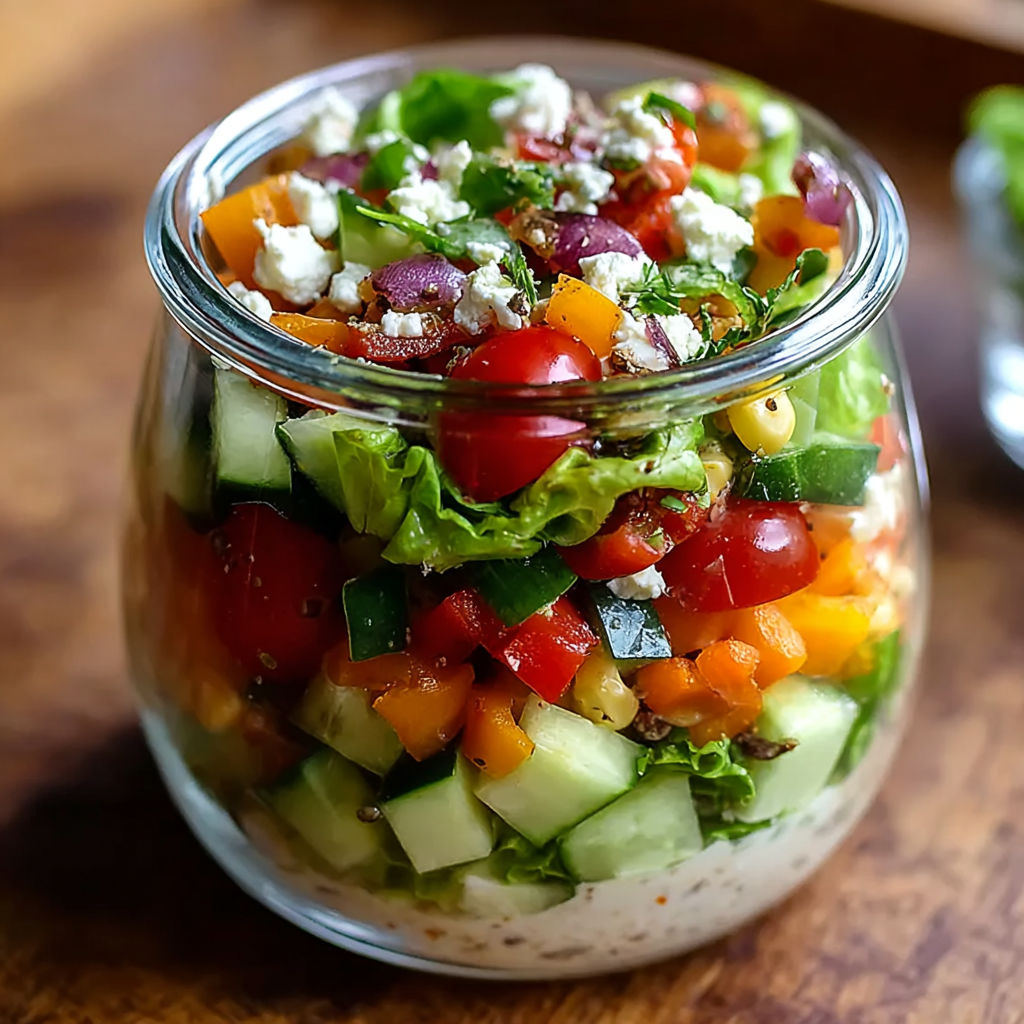 A glass bowl filled with a salad of feta cheese, tomatoes, cucumbers, and olives.