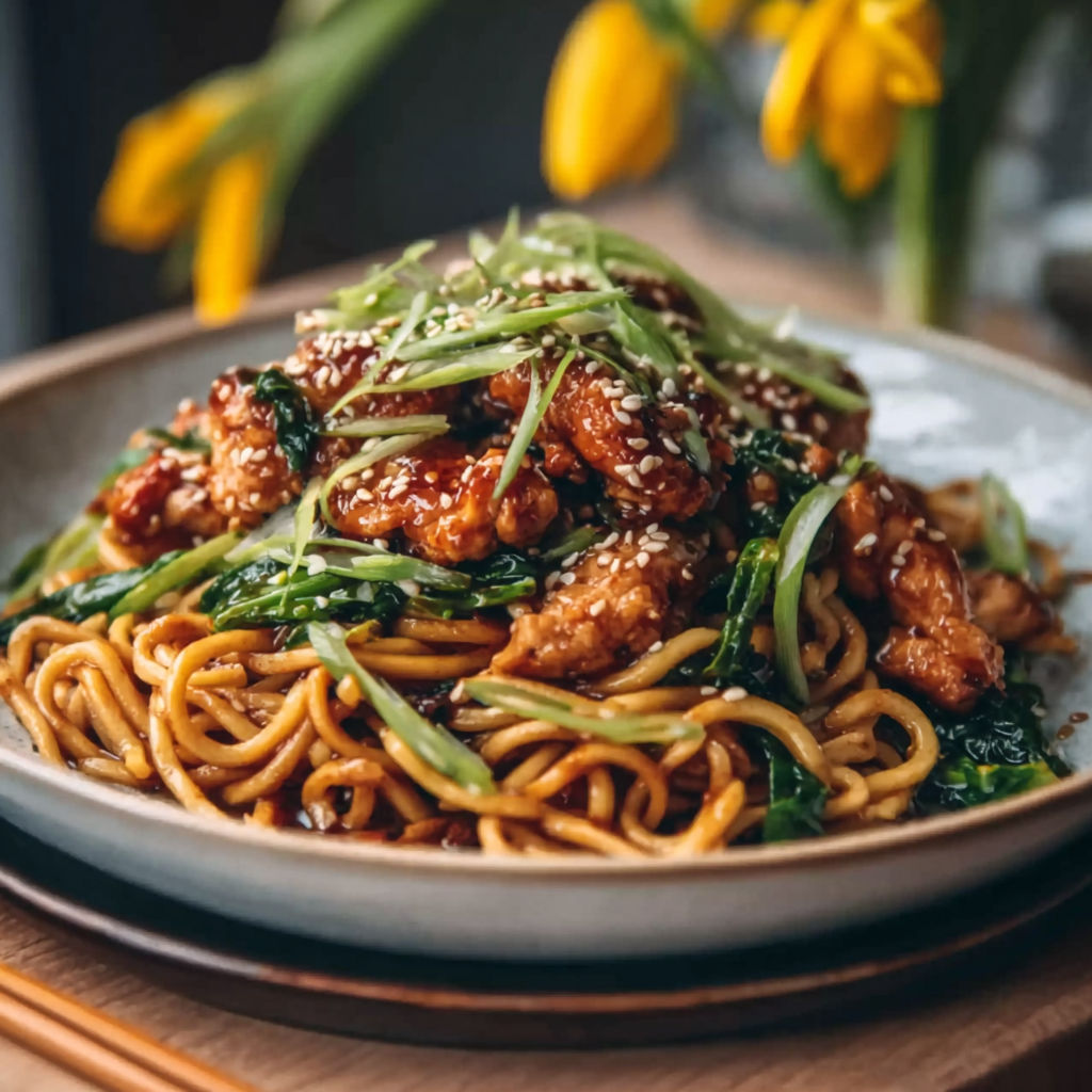 A plate of Chinese food with noodles and chicken.