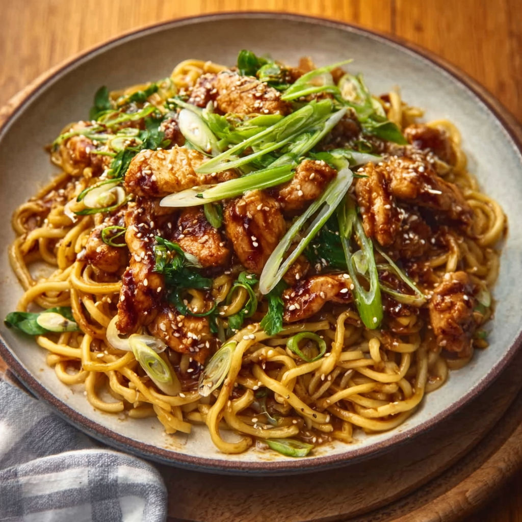 A plate of food with noodles and meat.
