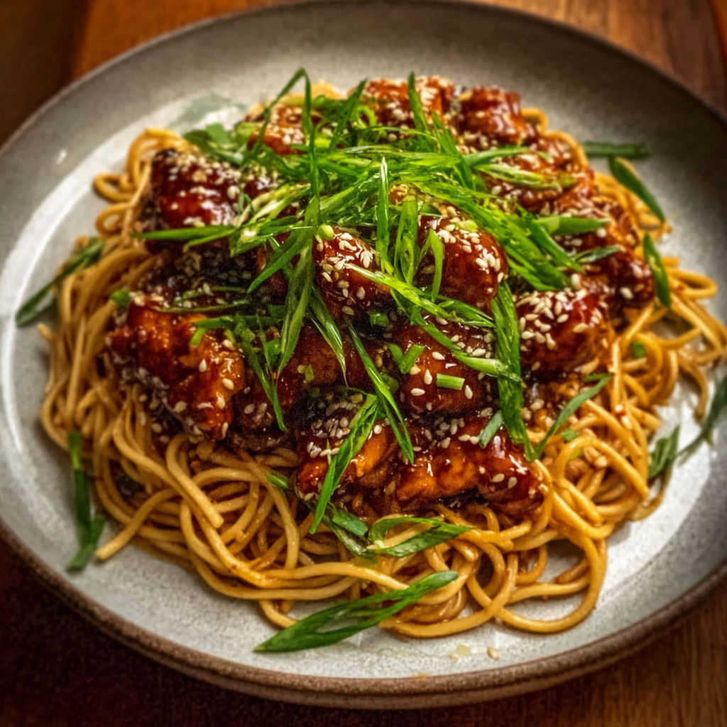 A plate of food with noodles and meat.