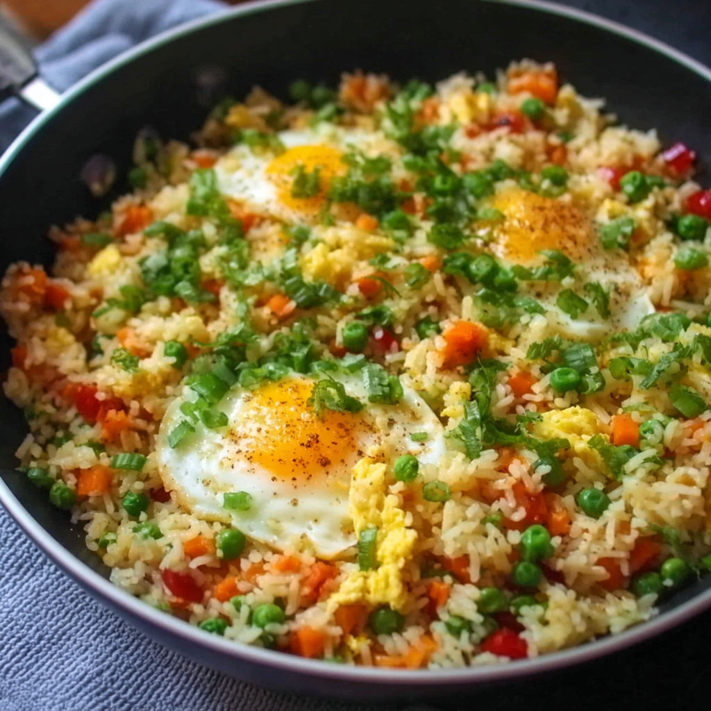 A bowl of rice with eggs and vegetables.