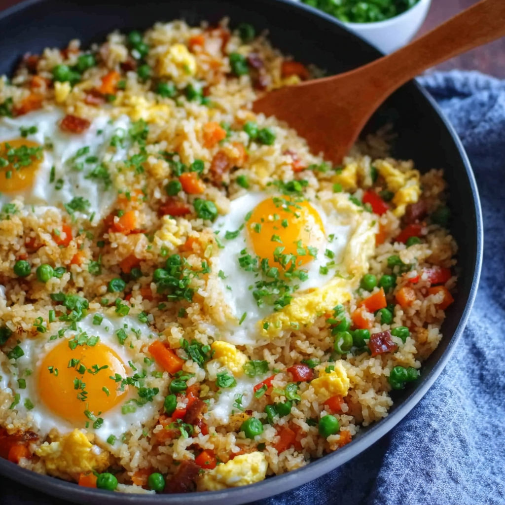 A bowl of rice with eggs and vegetables.