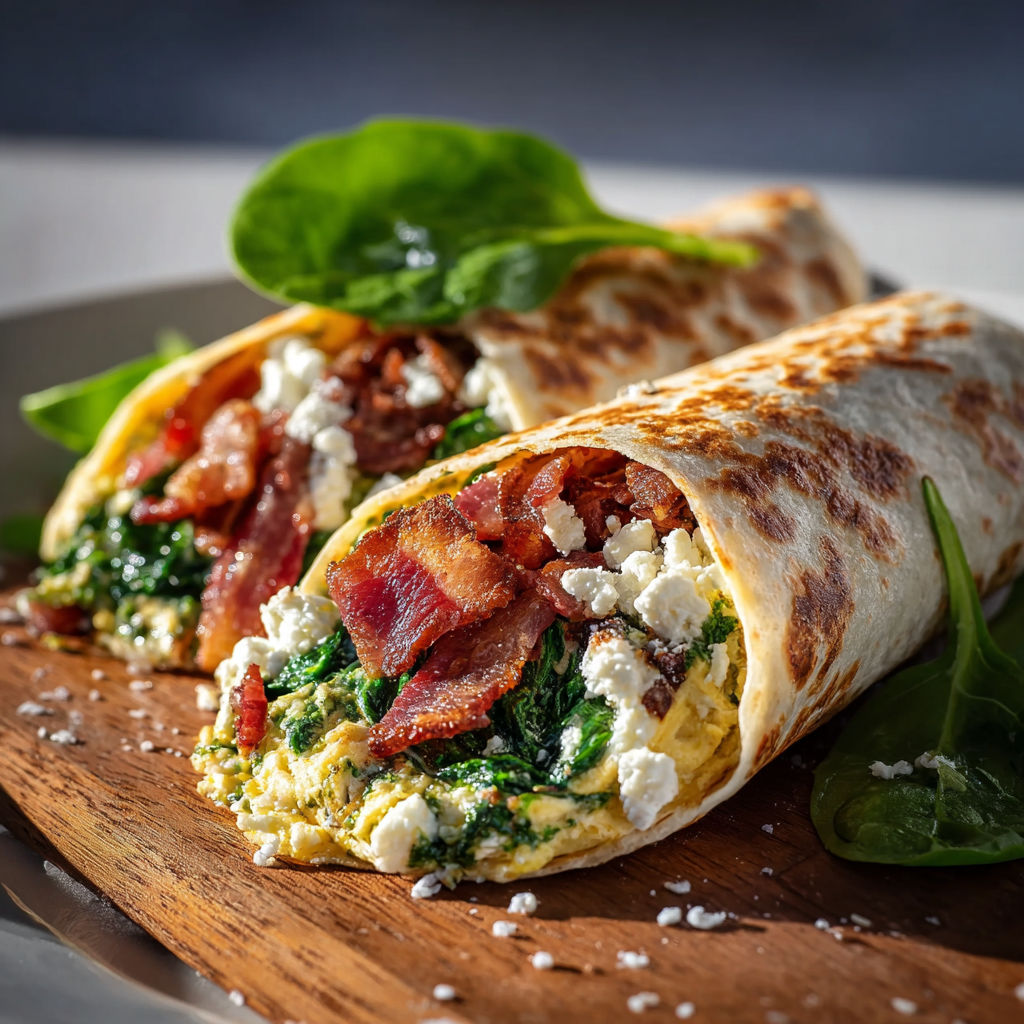 A wrap with bacon, spinach, and feta cheese.