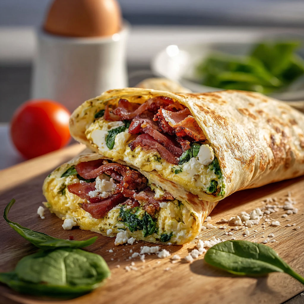 A breakfast wrap with spinach and pesto.