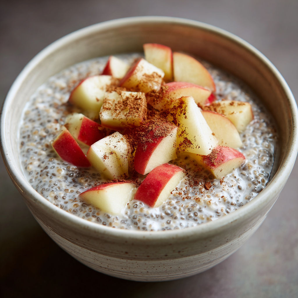 A bowl of chia pudding with apple slices.