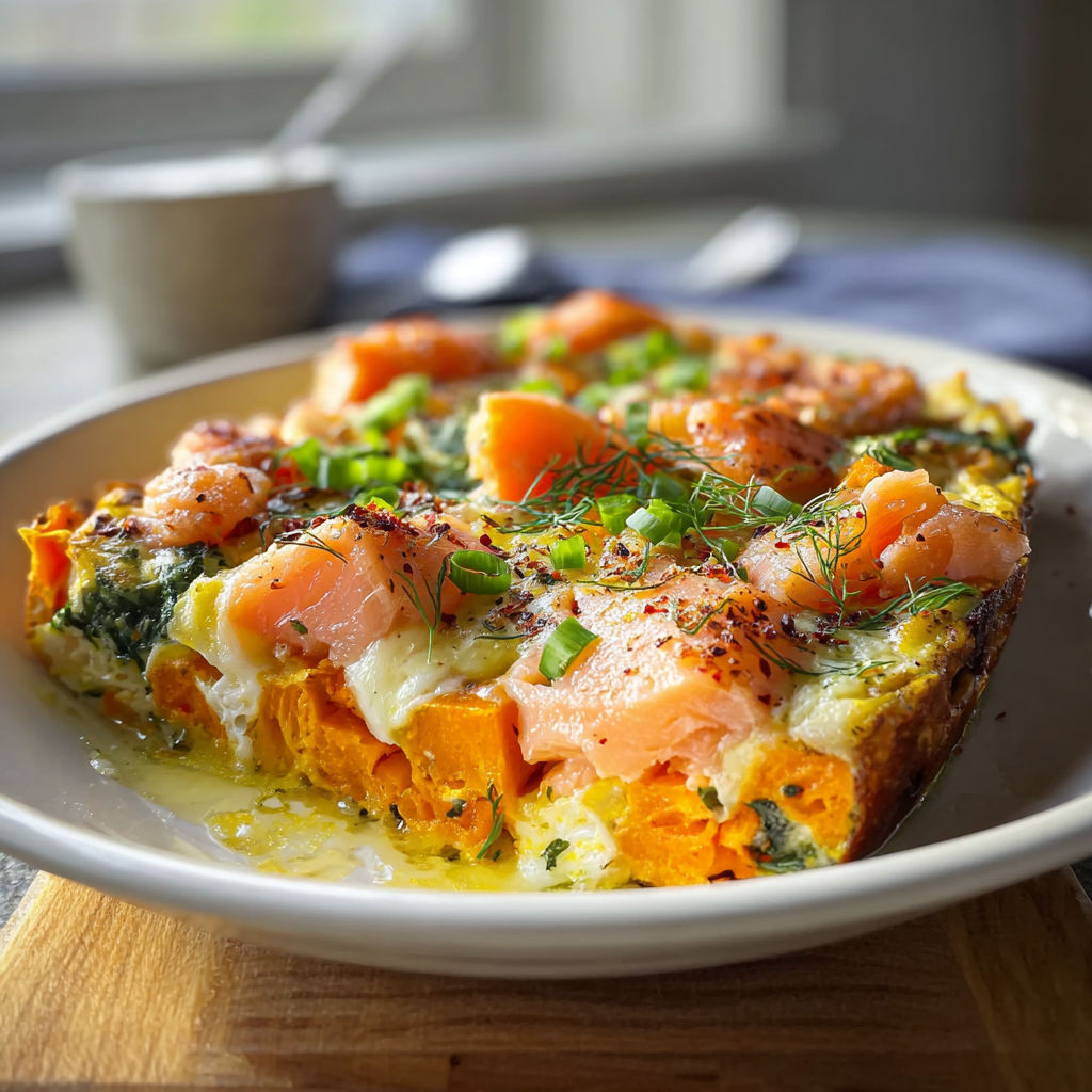 A plate of food with a slice of fish and vegetables.
