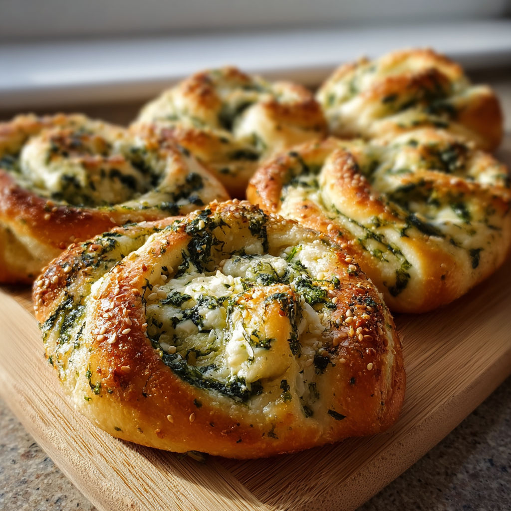 A wooden cutting board with a spinach and cheese pastry on it.