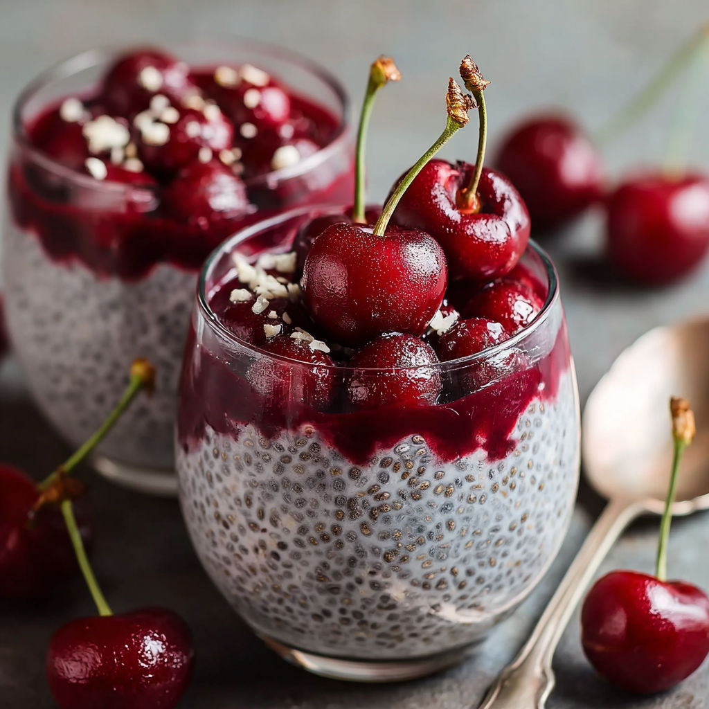 Two glasses of chia pudding with cherries on top.