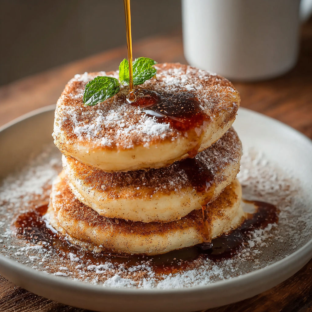 Churro pancakes with syrup and powdered sugar.