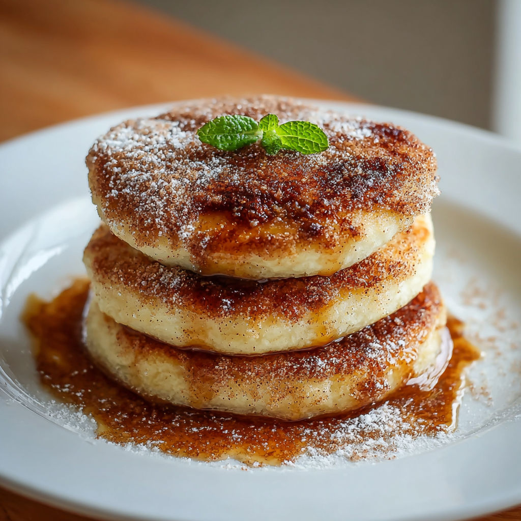 A stack of pancakes with powdered sugar on top.