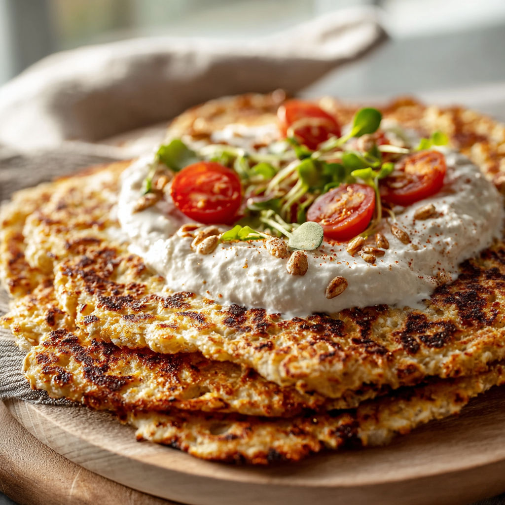 A stack of pancakes with tomatoes and cheese on top.