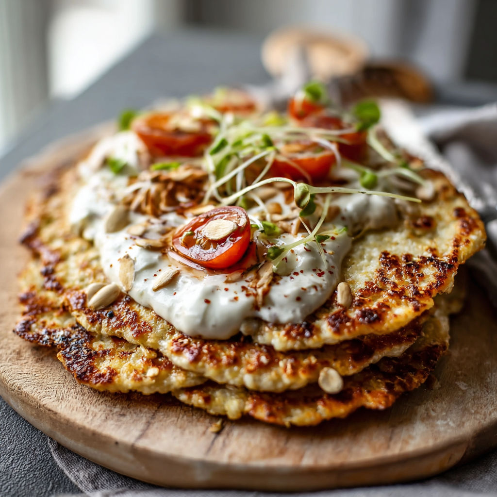 A stack of pancakes with tomatoes and cheese on top.