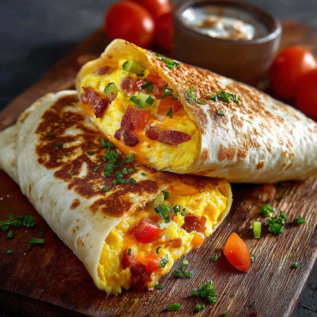 A breakfast burrito with tomatoes and bacon.