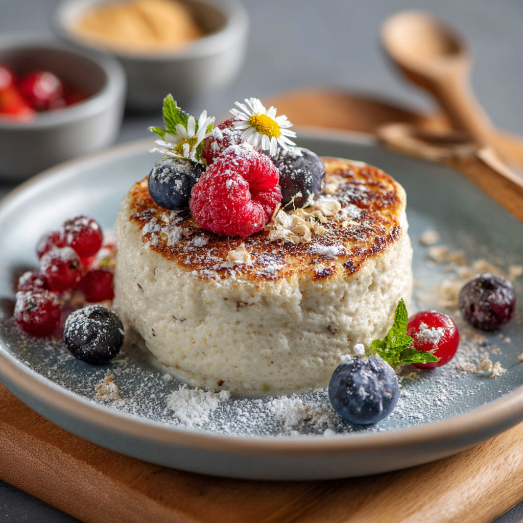 A plate of food with a blueberry on top.