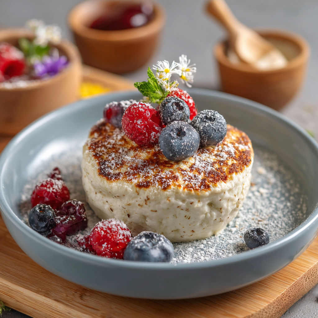 A plate of food with berries and cream.