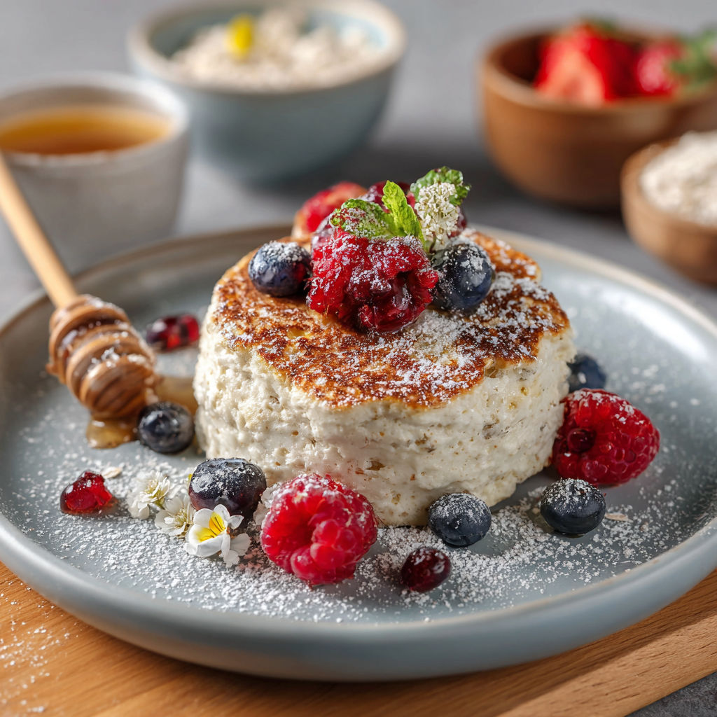 A plate of food with berries and cream.