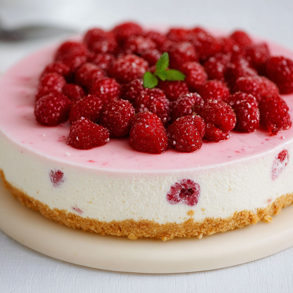 A slice of a Philadelphia torte with raspberries on top.