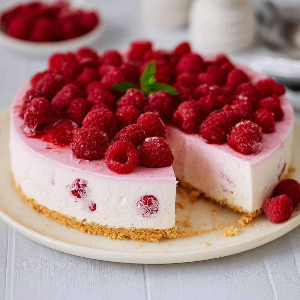 A slice of raspberry cheesecake on a plate.
