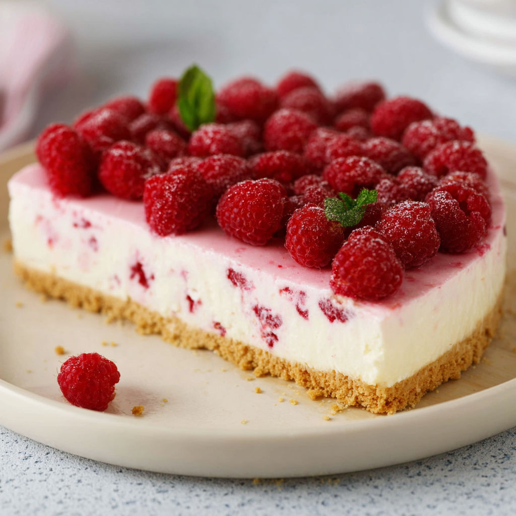 A slice of raspberry cheesecake on a plate.