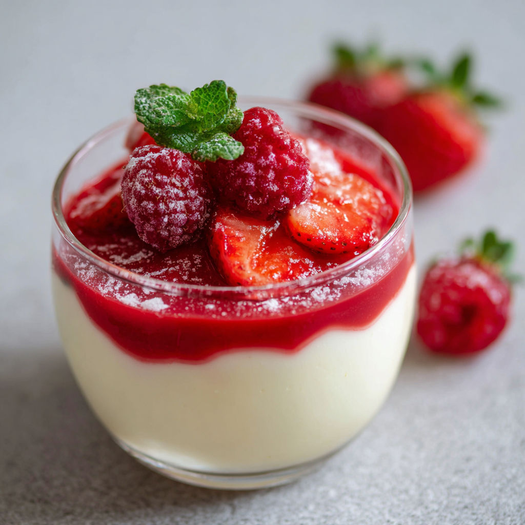 A glass of red strawberry yogurt with a green leaf on top.