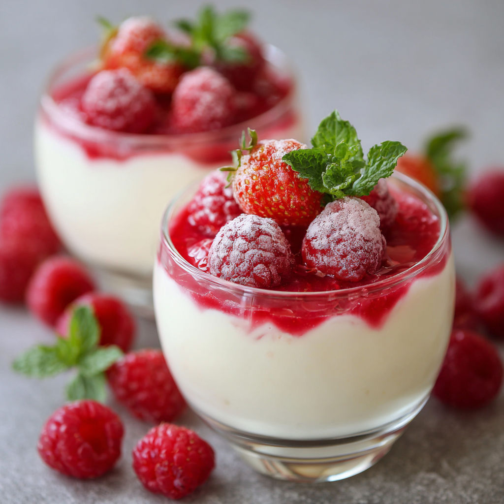 Two glasses of strawberry yogurt with mint leaves.
