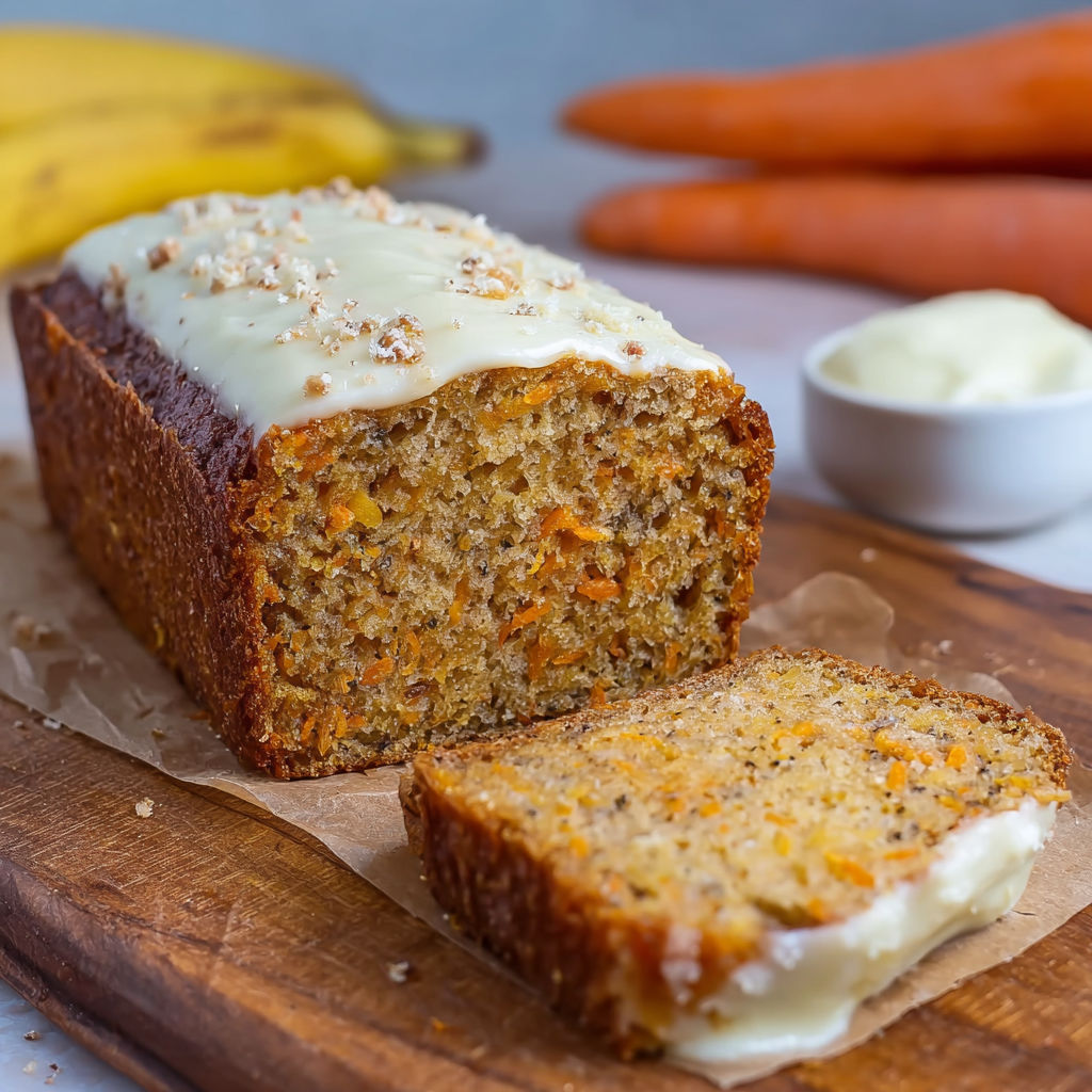 A slice of carrot cake with bananas on top.