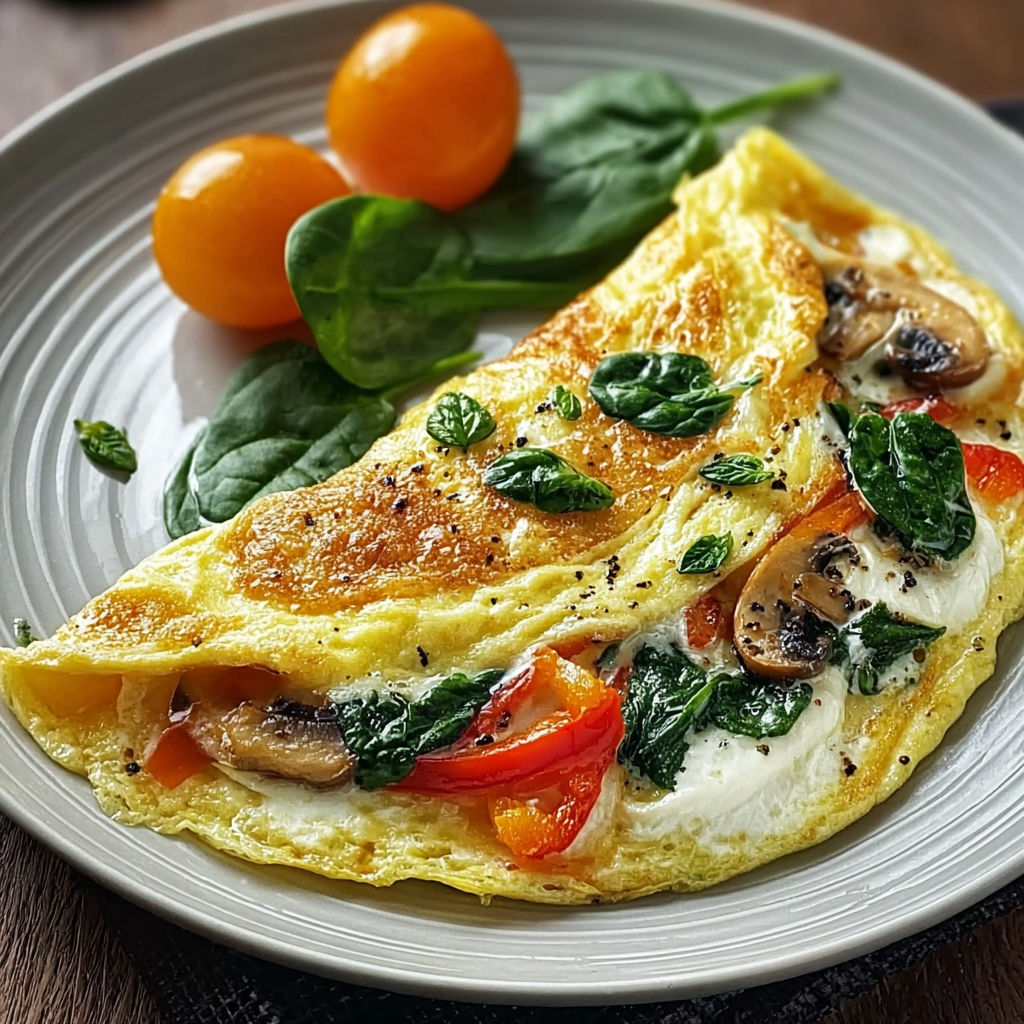 A plate of food with mushrooms, tomatoes, spinach, and a slice of lemon.