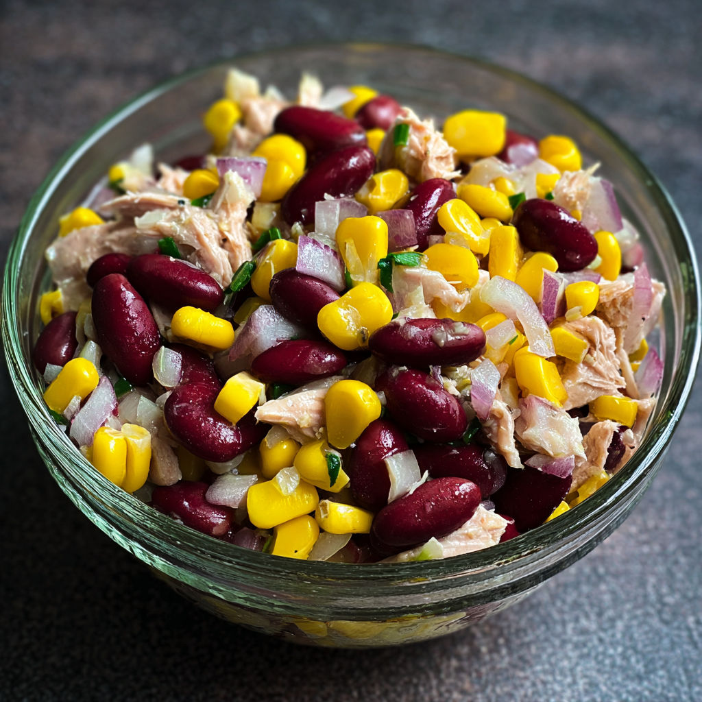 A bowl of food with corn, beans, and chicken.