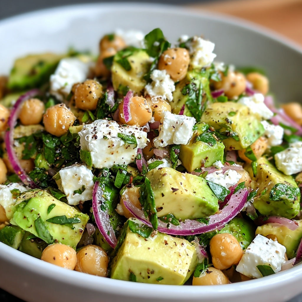 A bowl of food containing avocado, chickpeas, and feta cheese.