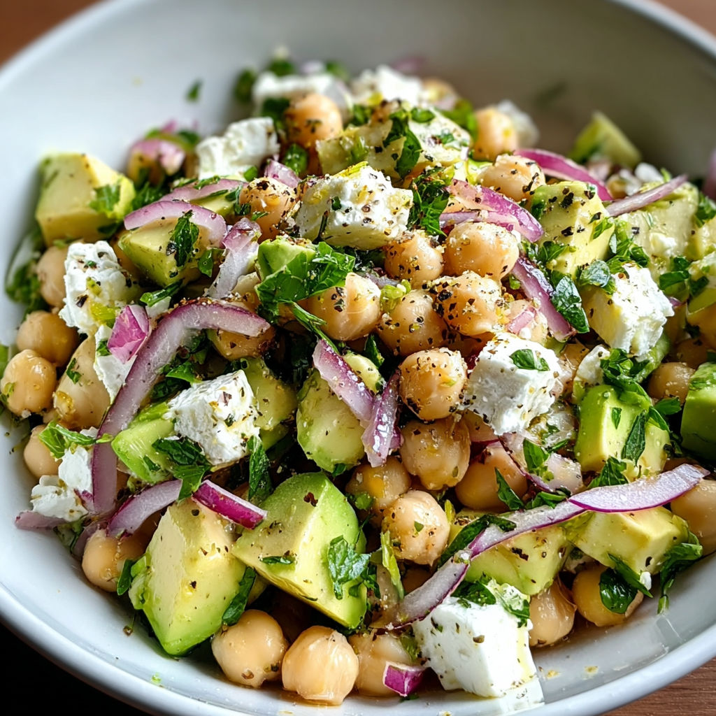 A bowl of food with chickpeas, feta cheese, and avocado.