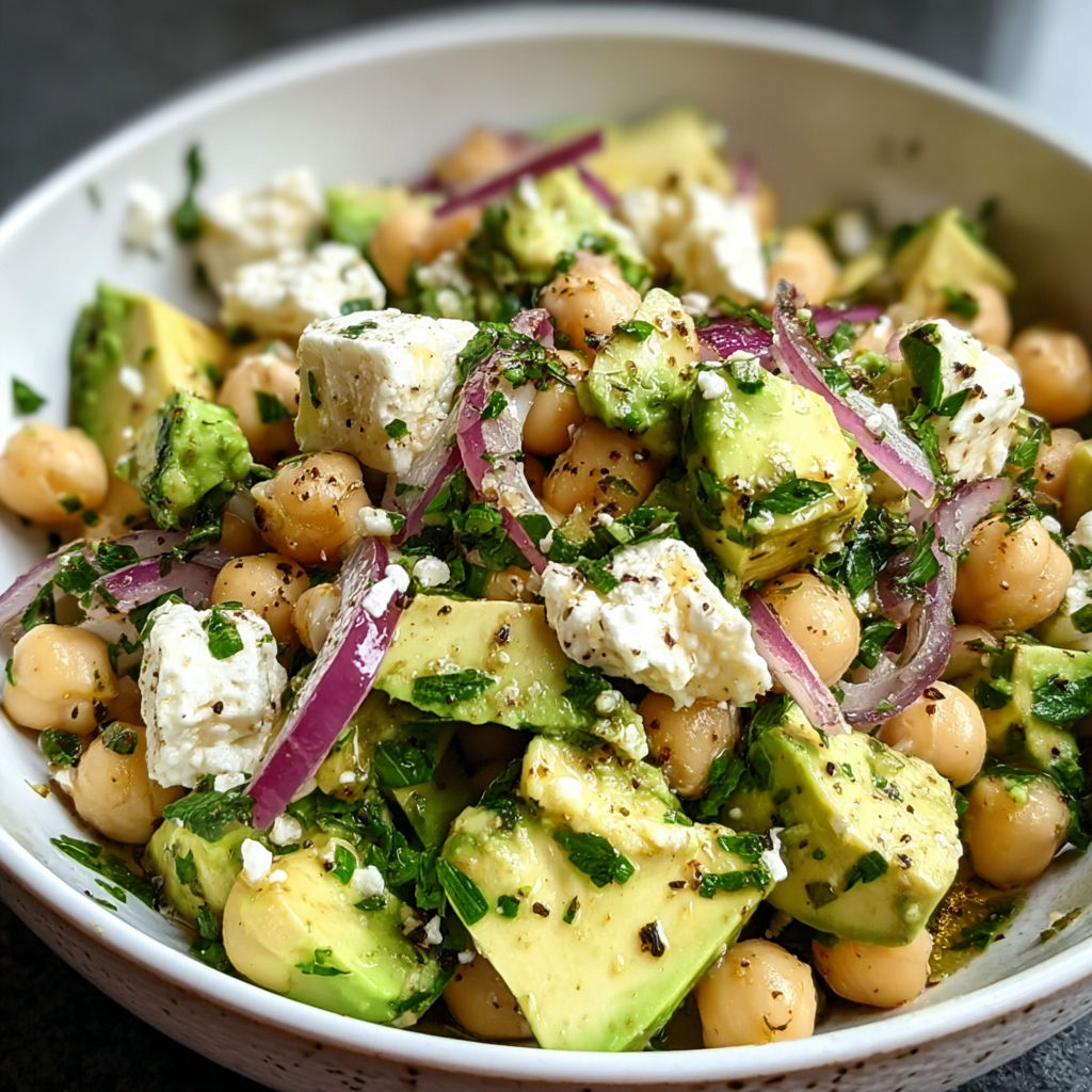 A bowl of food with chickpeas, feta cheese, and avocado.