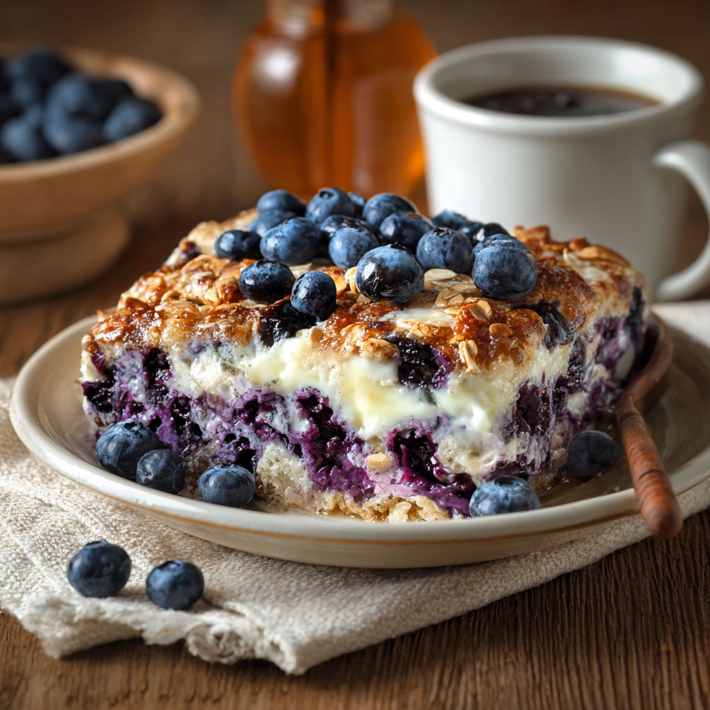 A slice of blueberry hüttenkäse frühstücksauflauf.
