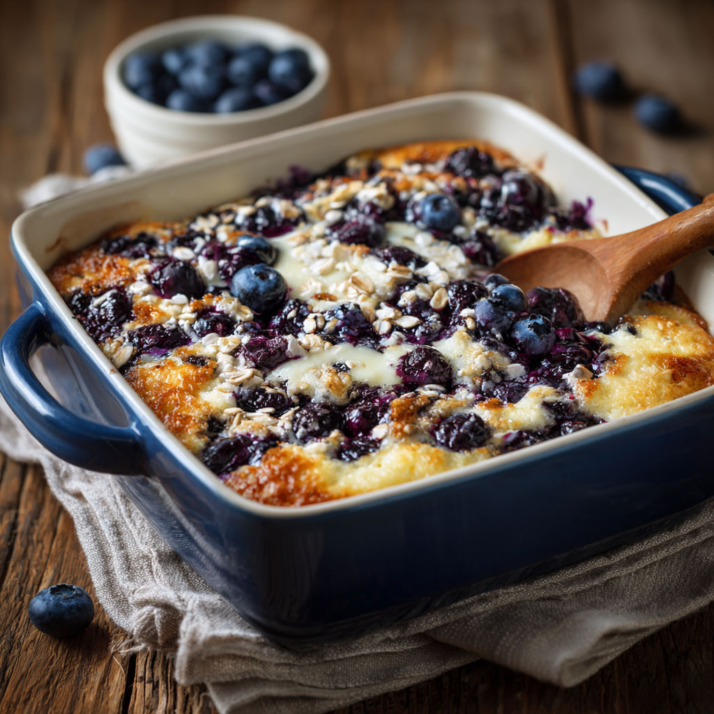 A blueberry cake with a wooden table.