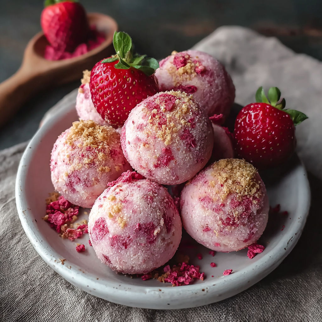 A plate of strawberries and a bowl of strawberry cheese cake balls.
