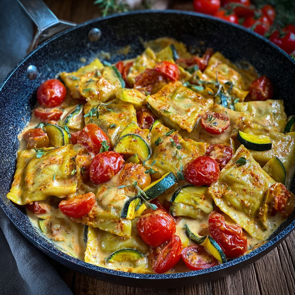 A pan of food with tomatoes and zucchini.