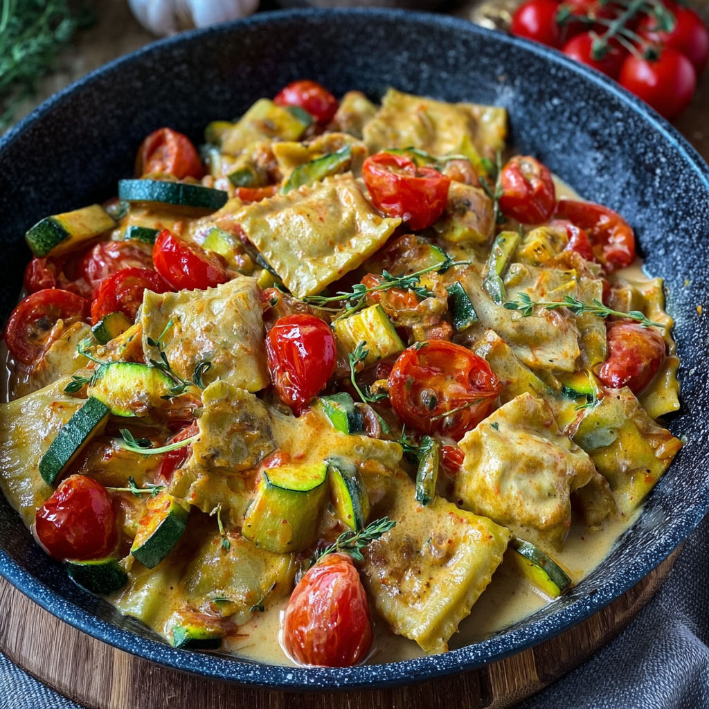 A bowl of food with tomatoes, zucchini, and pasta.