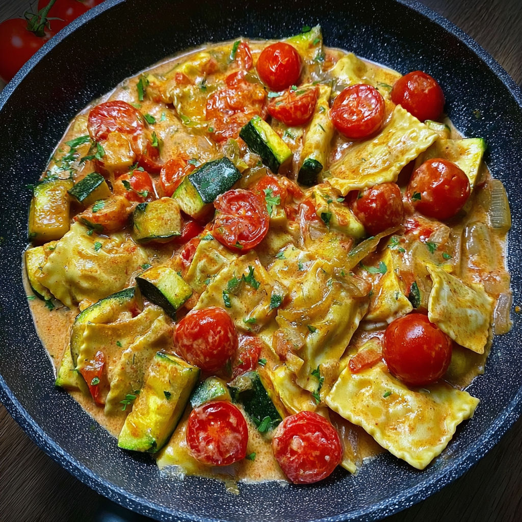 A bowl of food with tomatoes, zucchini, and pasta.